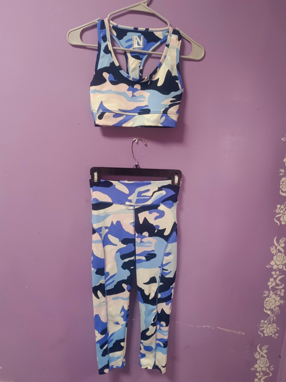 New Look Blue & Navy Camo High-Waist Leggings with Matching Sports Bra